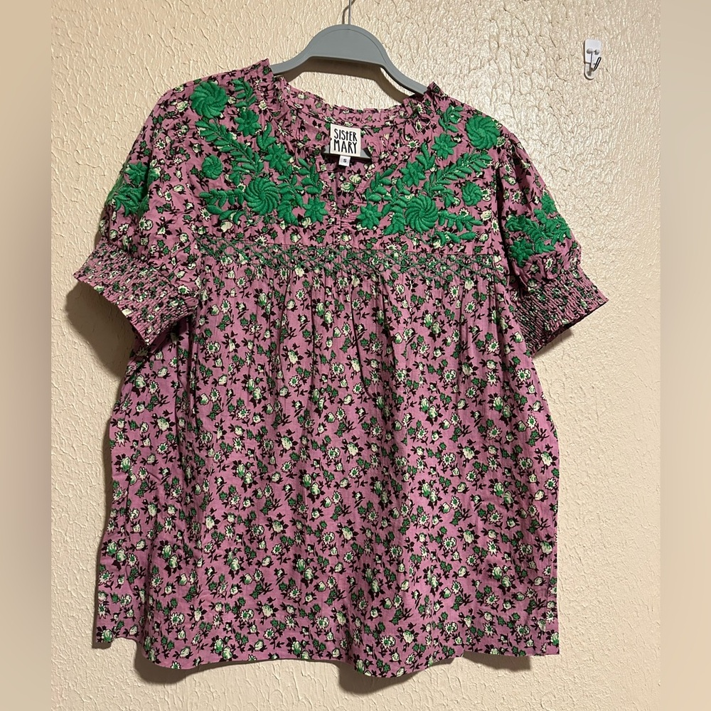 Sister Mary Camilla Top Size XS Embroidered Smocked Sleeves Oversized